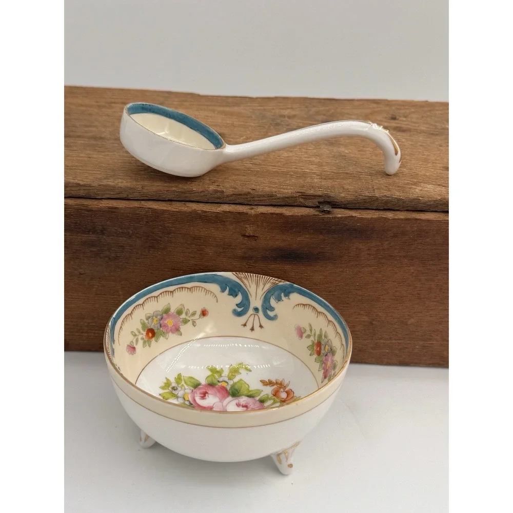Noritake Hand Painted‎ Footed Bowl w/Ladle Floral Gold Trim Japan Set Vintage